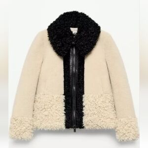 Zara The Item Black and Cream Faux Fur Patchwork Shearling Jacket Sz-S